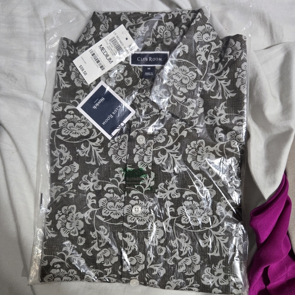 Men's Club Room Deep Olive Floral Button Down Shirt Short Sleeve Sz M NWT
